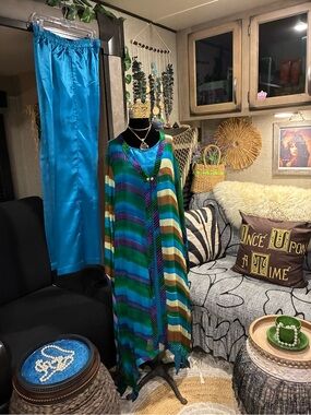 Ashro Vibrant Striped Maxi Dress / Caftan — 3 piece set